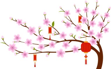 Yeni yıl tatili için Şeftali Çiçeği Şubesi Dekorasyonu. Çin 'in yeni yıl illüstrasyonu