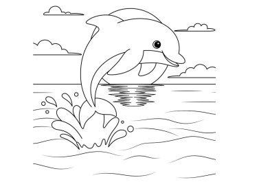 Çocuklar için Sunset Renklendirme Sayfası 'nda Sevimli Mutlu Yunus. Komik hayvan tasviri