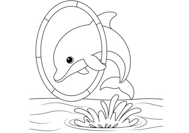 Çocuklar için Hoop Coloring Page 'de zıplayan sevimli yunus. Komik hayvan tasviri