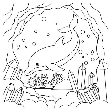 Dolphin in an Underwater Cave Coloring Page for Kids. Funny animal outline illustration clipart