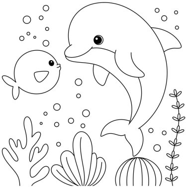 Dolphin and fish Coloring Page. Funny animal illustration colouring for kids clipart