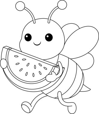 Şirin kawaii çizgi film karakteri arı çocuklar için karpuz boyama sayfası tutuyor.