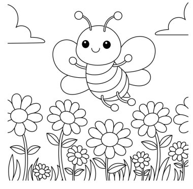 Çiçek bahçesi boyama sayfasında çocuklar için sevimli kawaii çizgi film karakteri arısı