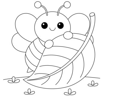 Çocuklar için yaprak boyama sayfasının arkasındaki sevimli kawaii çizgi film karakteri arısı.