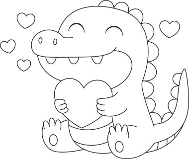 Timsah kalp şeklini kucaklıyor, Sevgililer Günü renk sayfası. 