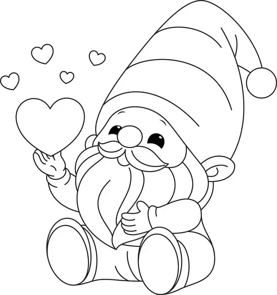 Valentine Gnome ana hatları kalp boyama sayfası, Sevgililer Günü renklendirme sayfası 
