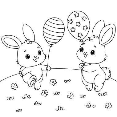 Balon tutan sevimli kawaii tavşanları çizgi film karakteri boyama sayfası illüstrasyonu