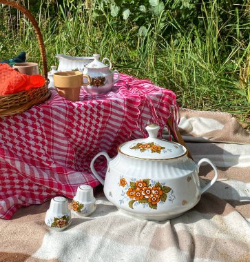  Porselen tabaklarla retro tarzı piknik.