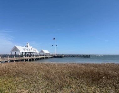 Feribot iskelesi okyanus taşımacılığı plaj uzun çim köprüsü Güney Carolina adası 