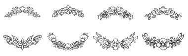 Çiçek Çelengi Etiketi vektör çizimi. Siyah beyaz çiçek desenli çerçeveler..