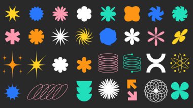 Soyut Geometrik Şeklin Brutalizm Biçiminde Renkli Seti. Minimalist Bauhaus Element. Çiçek, Yıldız, Girdap, Sarmal, Ok