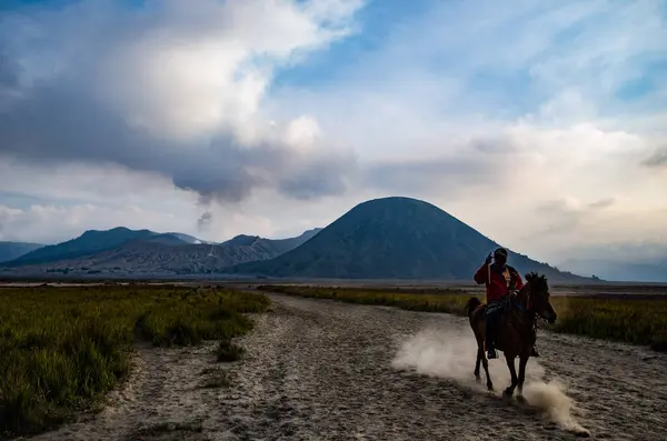 Yanardağ dumanı püskürtürken at toz topluyor.