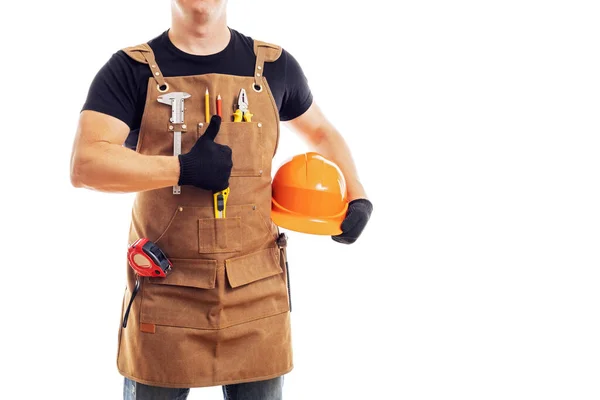 Contractor Worker Carpenter Workers Apron Tools Helmet Holding Thumbs Isolated — Stock Photo, Image
