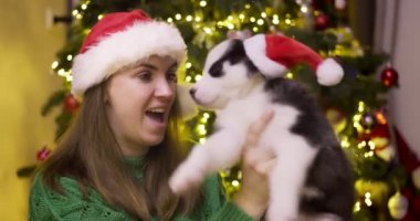 Güzel bir kadın Noel ağacının yanında otururken köpek yavrusuyla oynayıp eğleniyor. Genç bayan kırmızı Noel Baba şapkasıyla köpeğine sarılıyor.