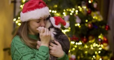 Güzel bir kadın Noel ağacının yanında otururken köpek yavrusuyla oynayıp eğleniyor. Genç bayan kırmızı Noel Baba şapkasıyla köpeğine sarılıyor.