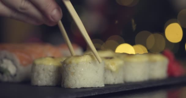 Girl Sits Cafe Has Rolls Sushi Chinese Japanese Restaurant Woman — Vídeo de Stock