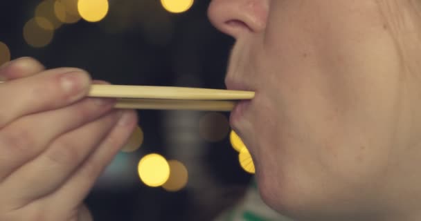 Woman Chopsticks Eating Sushi Lady Tasting Sushi Rolls Closeup Woman — Video