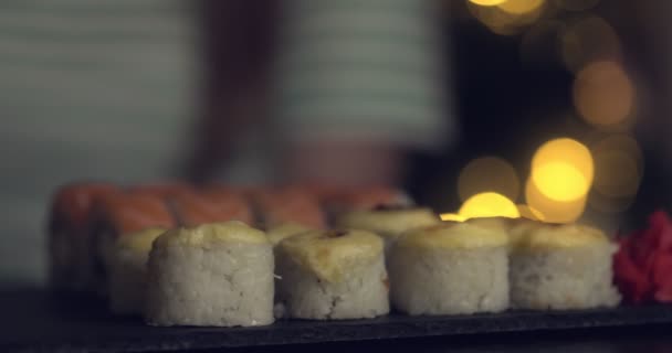 Girl Sits Cafe Has Rolls Sushi Chinese Japanese Restaurant Woman — Vídeo de Stock