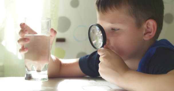Çocuk Büyüteçle Bardaktaki Suya Bakıyor Kalite Kontrol Konsepti Yüksek Kalite — Stok video