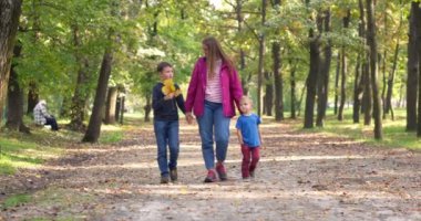 Mutlu bir aile parkta yürüyüş yapmaktan zevk alıyor. Sonbahar yürüyüşü yapan bir aile. Yüksek kalite 4k görüntü