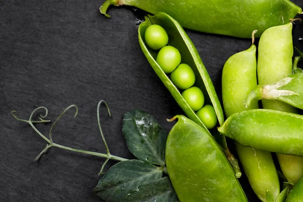 Green Peas Pea Pods Pea Branches Green Leaves Black Background — Stock Photo, Image