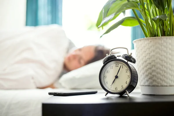 Alarm Clock Standing Bedside Table Going Ring Early Morning Wake — Stock Photo, Image