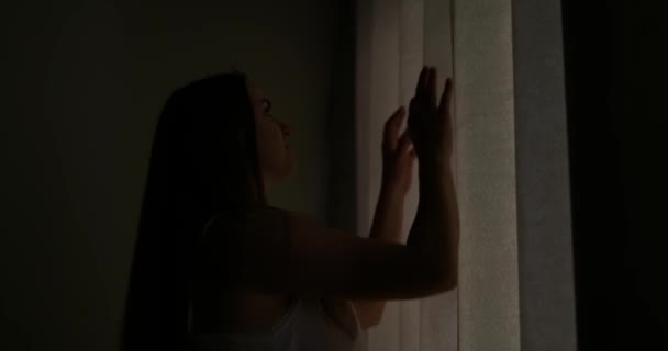 Beautiful Young Brunette Opens Curtains Let Morning Sunlight Illuminate Her — Stock Video
