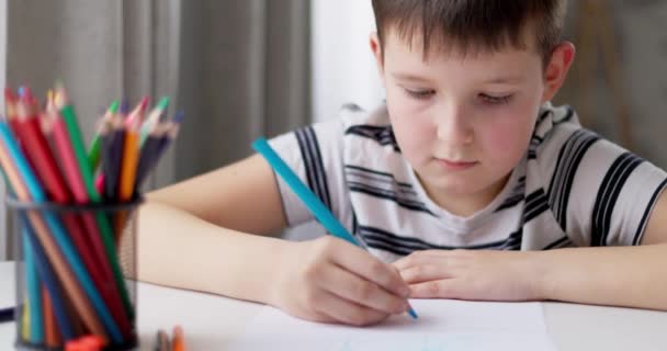 テーブルに座りながら 白い紙に色鉛筆で絵を描く少年 高品質4K映像 — ストック動画