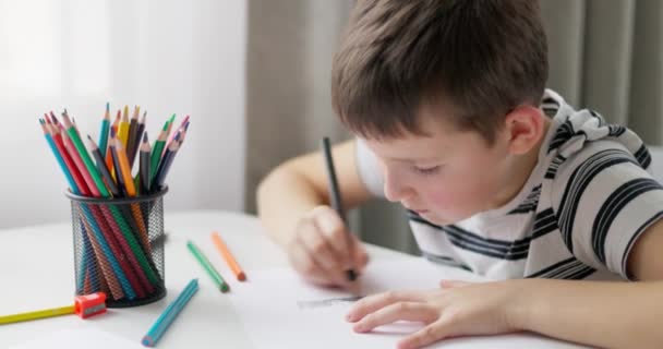 Child Boy Draws White Paper Colored Pencils While Sitting Table — Stock Video