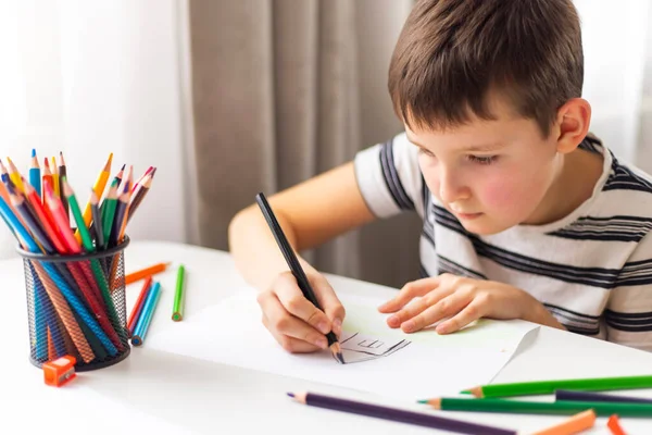 Child Boy Draws White Paper Colored Pencils While Sitting Table — Stock Photo, Image