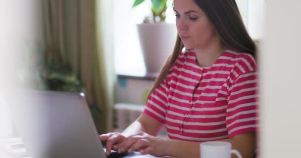 Młoda Kobieta Pracująca Domu Przed Laptopem Młoda Zawodowa Kobieta Pisząca — Wideo stockowe