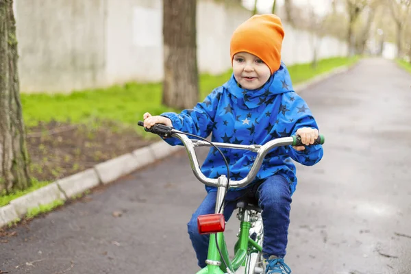 Милий Маленький Хлопчик Дошкільного Віку Їде Велосипеді Парку Вчимося Їздити — стокове фото