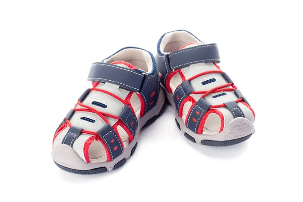 Par Sandálias Azuis Das Crianças Sapatos Isolados Fundo Branco — Fotografia de Stock