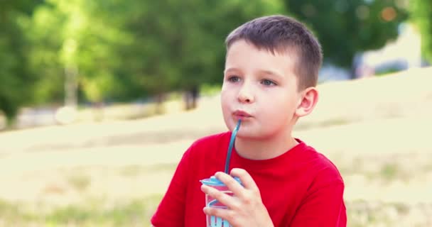 Egy Gyerek Üdítőt Iszik Chipset Eszik Parkban Kiváló Minőségű Felvételek — Stock videók