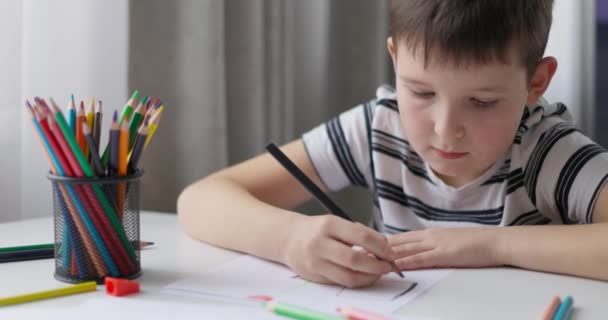 Niño Dibuja Sobre Papel Blanco Con Lápices Colores Mientras Está — Vídeos de Stock