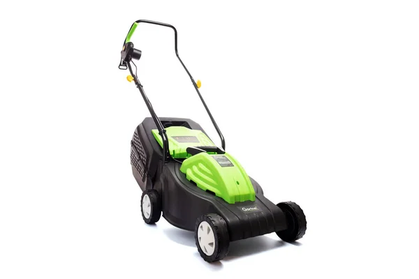 Garden electric lawn mower with a grass collector isolated on white background. Lawn mower