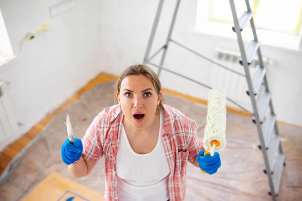 Tired Exhausted Stressed Woman Doing Home Renovation Woman Faces Many — Stock Photo, Image