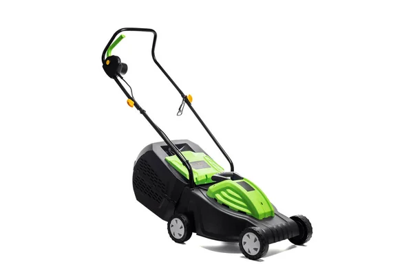 Garden electric lawn mower with a grass collector isolated on white background. Lawn mower