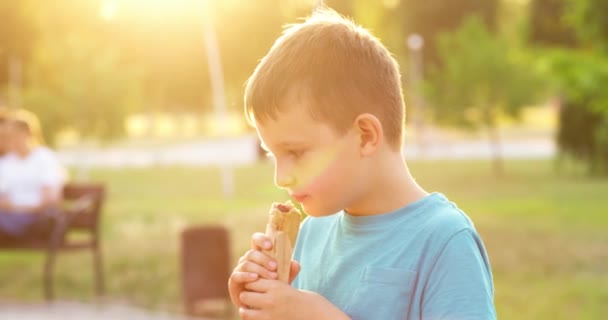 Barnpojken Äter Korvmacka Parken Vid Solnedgången Utomhus Högkvalitativ Film — Stockvideo