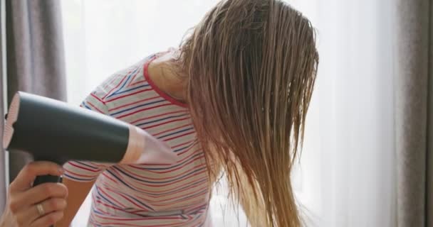 Młoda Kobieta Suszy Długie Włosy Elektryczną Suszarką Włosów Wysokiej Jakości — Wideo stockowe
