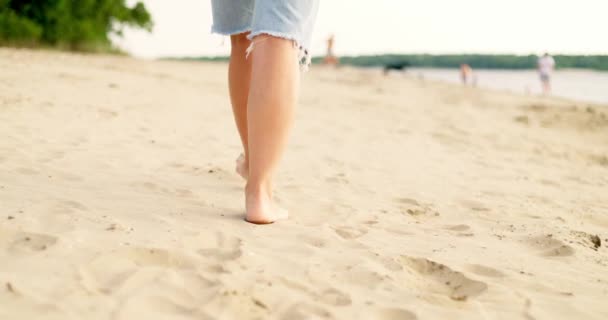 Женщины Ходят Босиком Песчаному Морскому Пляжу Молодые Женские Ноги Наступают — стоковое видео