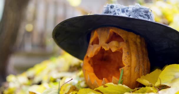 秋に黄色の葉に刻まれた目と口の中でハロウィン怖いカボチャの帽子 高品質4K映像 — ストック動画