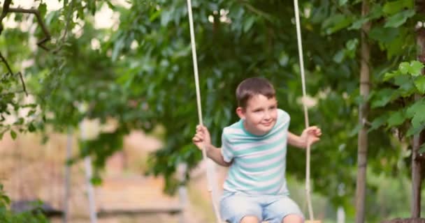 Šťastný Chlapeček Houpající Houpačce Zahradě Dítě Hraje Dřevěnou Houpačkou Strom — Stock video