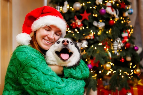 Beautiful Woman Santa Hat Playing Having Fun Her Dog While — Stock Photo, Image