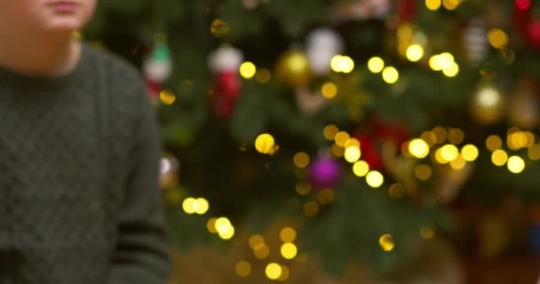 Руки Родителя Дарящего Рождественский Подарок Ребенку Фоне Елки Рождественская Идея — стоковое видео