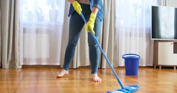 Young Woman Casual Clothes Washing Wooden Floor Damp Microfiber Mop — Stock Video