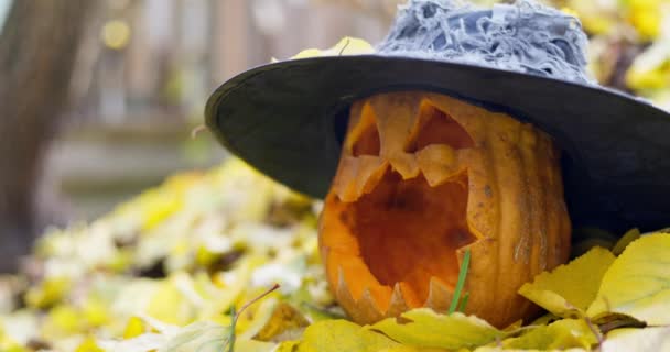 Halloween Straszny Kapelusz Dyni Rzeźbione Oczy Usta Upadłych Żółtych Liści — Wideo stockowe