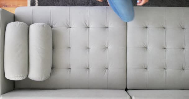 Exhausted Bored Woman Falls Cozy Sofa Feeling Out Energy Hard — Stock Video