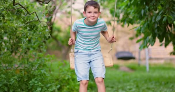 Glücklicher Kleiner Junge Der Auf Einer Schaukel Garten Schaukelt Kind — Stockvideo