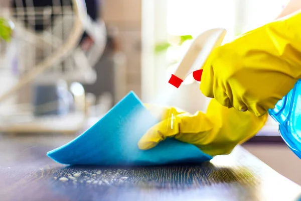 Housewife Yellow Gloves Wipes Dust Using Spray Detergent Rag Woman — Stock Photo, Image